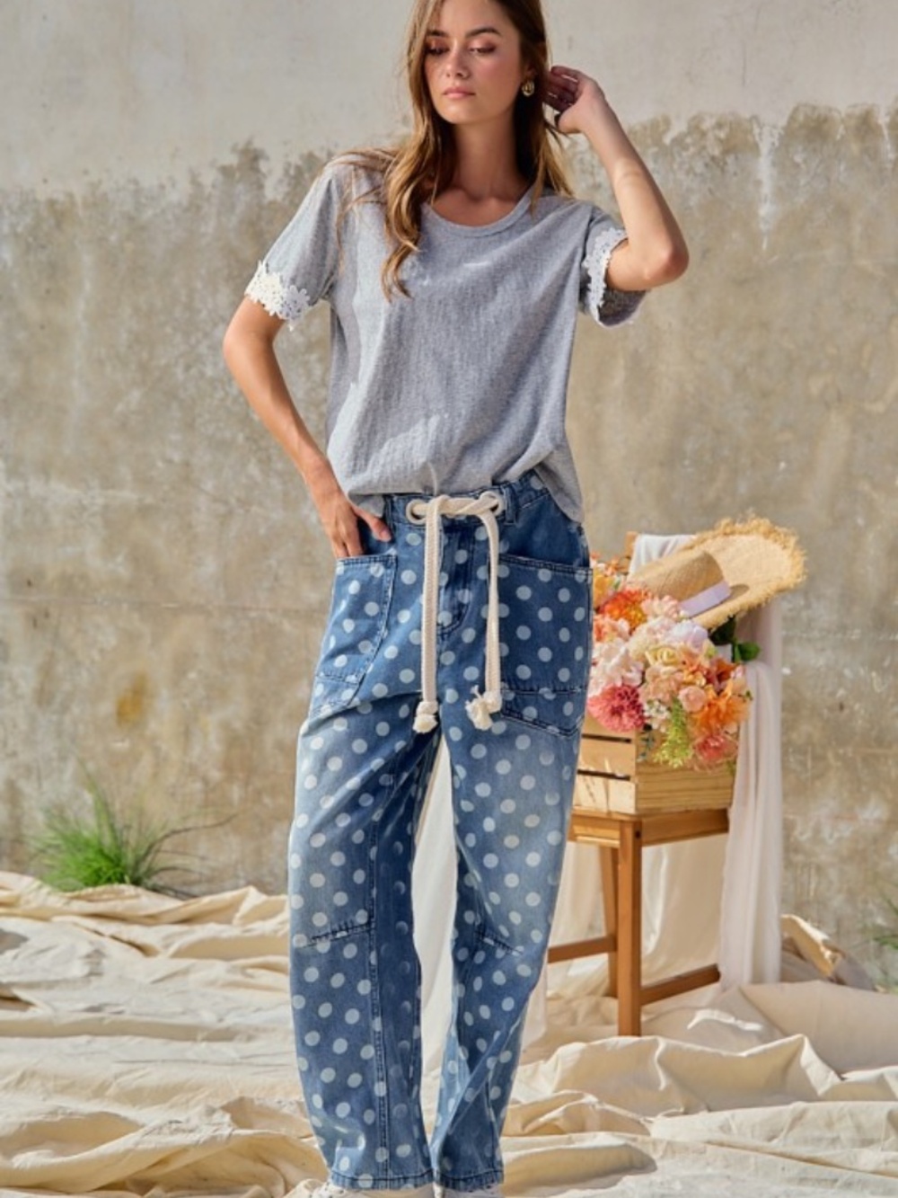 "The Harmony" Polka Dot Printed Denim Pants With Waist Belt - Picture 5 of 8